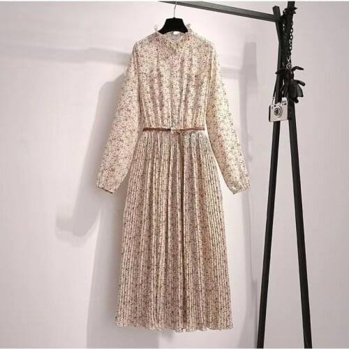 2021 Spring New Casual Women Floral Print Chiffon Midi Dresses Long Sleeve Preppy Style V-neck Ruffles Robe Femme Dresses