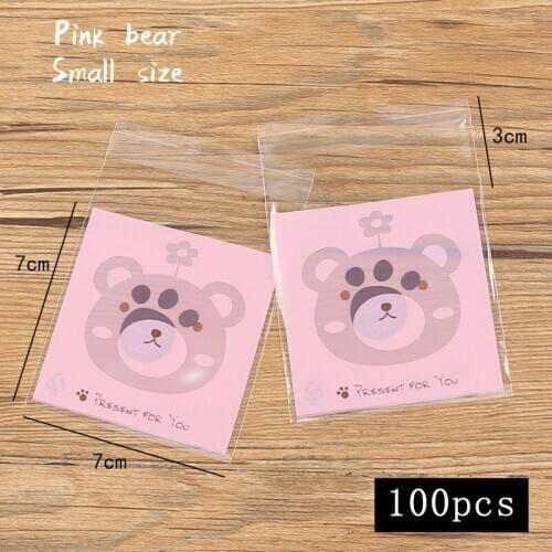 100pcs/lot Snack Food Packaging Bag Pink Little Bear Flowers Wedding Party Homemade Cookie Transparent Ziplock Biscuit Candy Bag