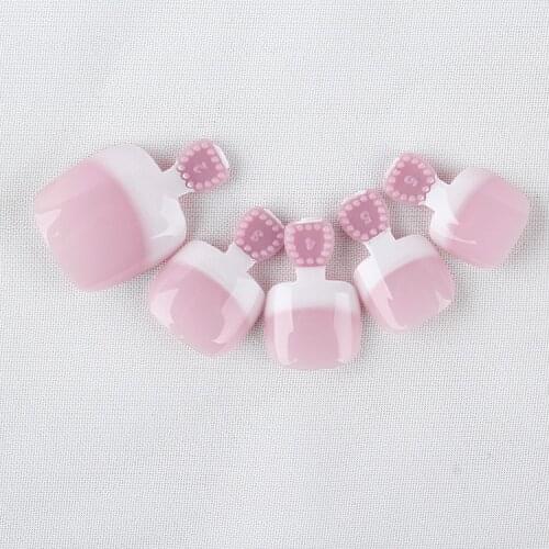 24pcs False Toe Nail Tips Pink Full Cover French Fake Nails Medium Length Toe Artificial Nail Art Salon DIY