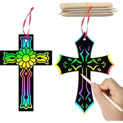 60pcs DIY Art Craft Kit Magic Rainbow Scratch Cross Ornaments for Kids Party Favor Painting Educational Toy Paper Hanging Tags