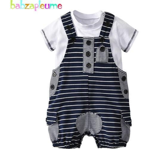 Babzapleume 2PCS/Summer Newborn Outfit Baby Boys Clothes Short Sleeve T-shirt+Casual Stripe Rompers Infant Clothing Set BC1642-1