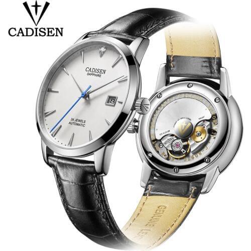 CADISEN Mens Watch Automatic Mechanical Leisure Artistic Atmosphere Watch CIYOTA 9015 Double Sapphire Leather Strap Waterproof