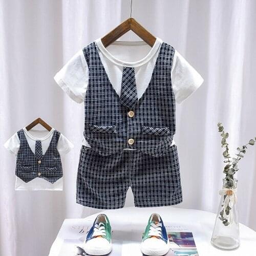 Childrens Clothing Summer New Casual Plaid Vest Short Sleeve Boys Baby Short-Sleeved Vest T-Shirt + Shorts Infant Clothing Set