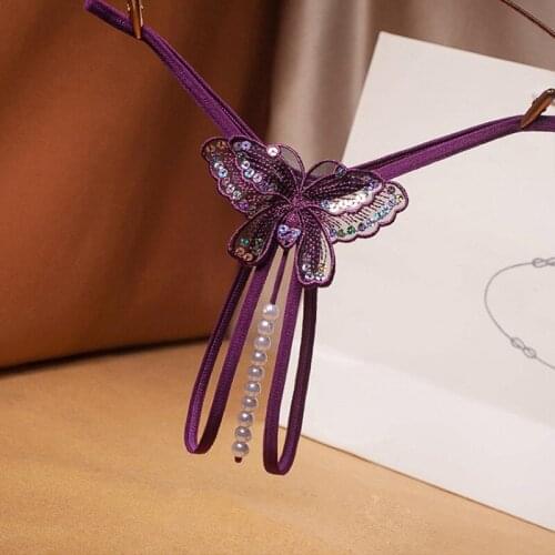 Open slit hot G-String pearl sexy massage womens underwear sexy sequin embroidery transparent mesh low waist T pants