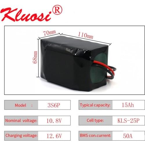 KLUOSI 3S6P 12V 15Ah 12.6V Orline 18650 Lithium Battery Pack with 50A BMS 500Watt High Power for Motor Scooter Light Etc XT60