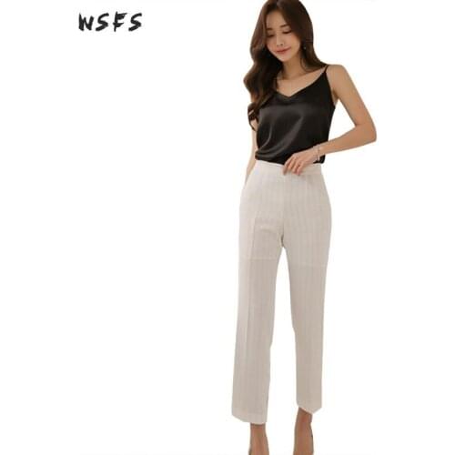 2 Pieces Set Summer Black Spaghetti Strapless Bandage Tops Office Ladies White Striped Trousers Korean Womens Ninth Pants Suit