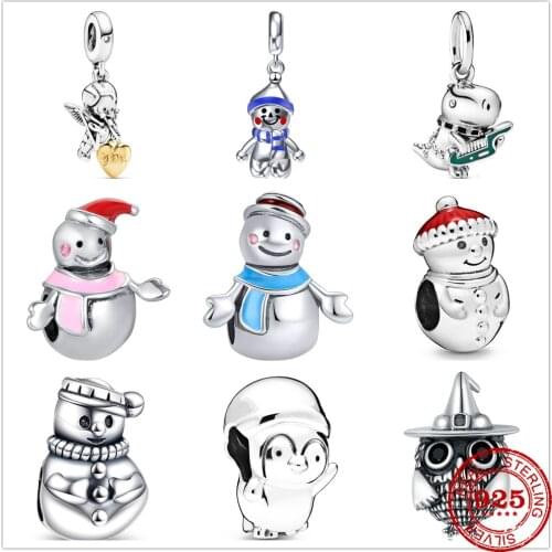 Hot sale 925 Sterling Silver doll snowman dinosaur Safety Chain Beading Pandora Charm Original Bracelet DIY Jewelry For Women