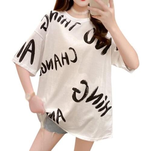 Fashion Summer Print Round Neck T-shirt Womens Short-sleeved Student Letter Loose Top Tee