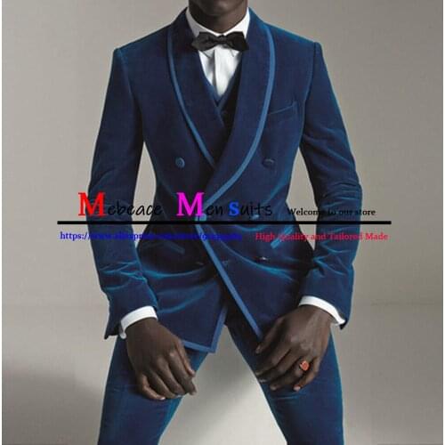 Autumn And Winter Latest Designs Men Suits Royal blue Velvet Tuxedo Setl Slim Fit Fashion Blazer 3Pcs(Coat+Vest+Pants) for Groom