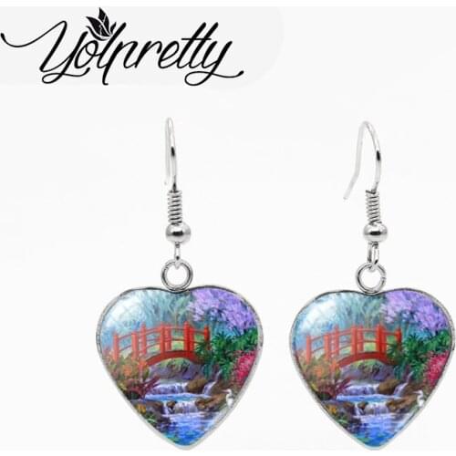 New Arrival Vacation Painting Courtyard Bridge Seaside Landscape Stainless Steel Heart Dangles Handcraft Fish Hook Earrings