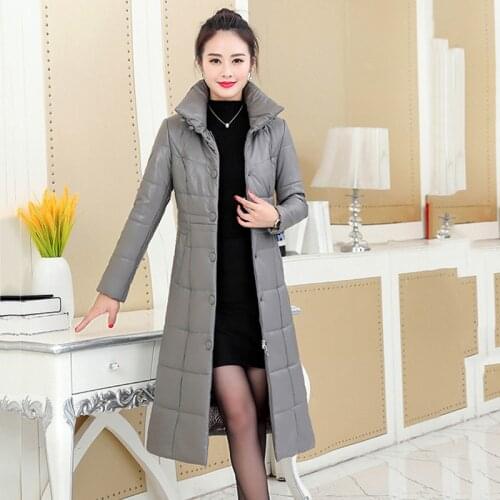 New Winter Leather Down Jacket Female Long Overcoat Fashion Slim Warm Leather Coat Women Thicken Oversize Parka Coat Outerwear
