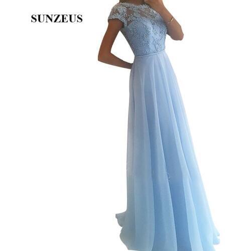 A-line Cap Sleeve Beaded Lace Bridesmaid Dresses Sky Blue Chiffon Long Wedding Party Gowns Low Back Women Guest Dress