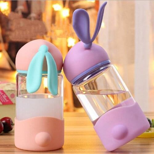 1 PCS Cute Water Bottle Cartoon Rabbit Glass Bottle with Silicon Sleeve for Kids Student Girls Portable Drink Bottle Tea Bottle