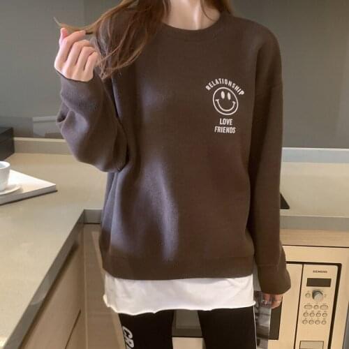 Spring New Womens Sweater Korean Loose Lazy Letter O-Neck Fake Two Piece Knitted Tops Ladies Knitted Sweater Jumper Pullovers