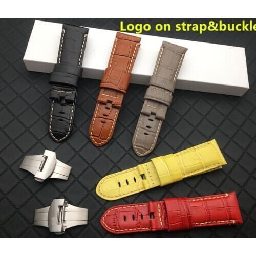 Yellow Red Black 24mm Italy Genuine leather shiny bamboo Watchband For Panerai strap Butterfly Buckle watch band tools