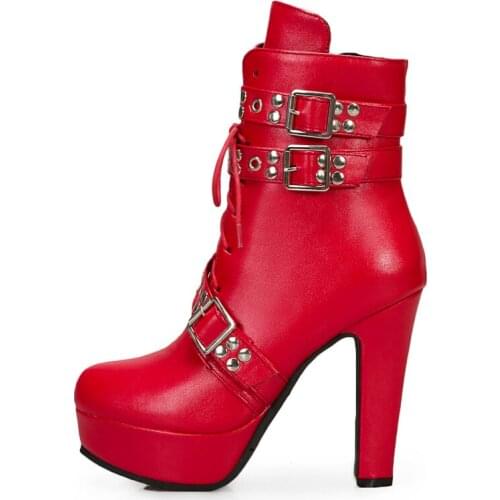 Women Ankle Boots Platform Lace Up High Heel Short Women Boots Buckle Red Yellow White Round Toe Sexy Ladies Shoes Large Size 48