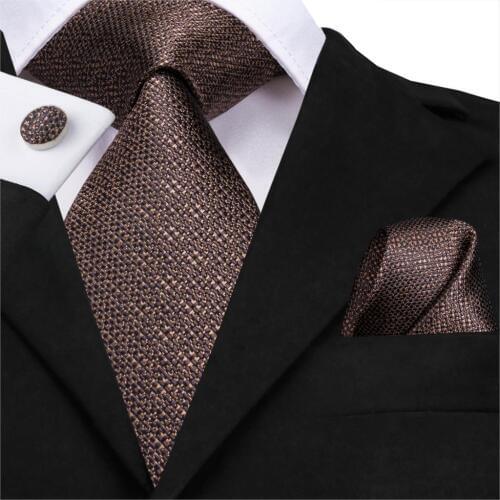 SN-3189 Hi-Tie Men Tie Silk Necktie Brown Ties for Men High Quality Mens Wedding Party Business Classic Hanky Cufflinks Set
