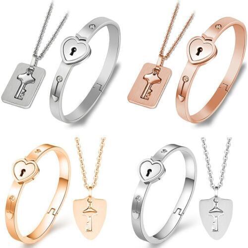 Creative Women Jewelry Sets Concentric Lock Key Titanium Women Jewelry Bracelet Necklace Fashion Wedding Party Crafts Gift