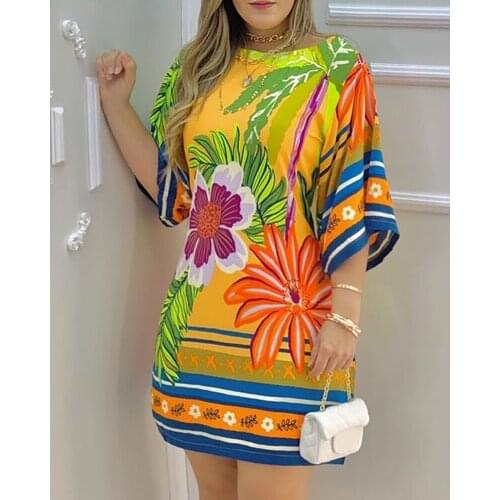 Spring Summer Women Tropical Print Mini Dress 2021 New Female Half Sleeve Brazilian Style Casual Clothing Ladies Sexy Outfits