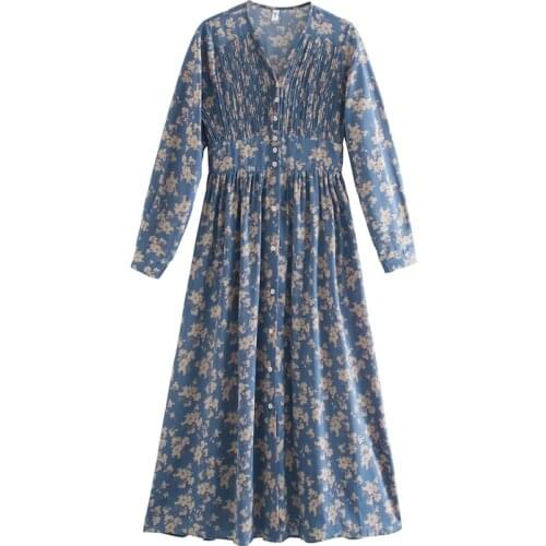Long Sleeve Midi Dress Floral Printing Single Breasted V-Neck Korean Fashion Clothings 2021 Spring Women Dress