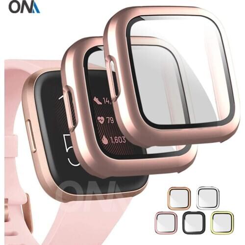 2 Pack Hard PC Case for Fitbit Versa 2 Ultra Thin Bumper Protective Case Cover + Tempered Glass Screen Protector