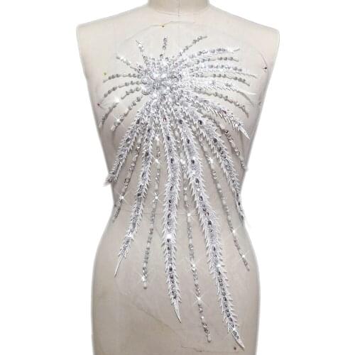 3D WHITE Lace Silver Crystals Rhinestones Sew on Wedding Clothes Costumes Patches Patch Appliques 34x57cm For Hair Party Dance