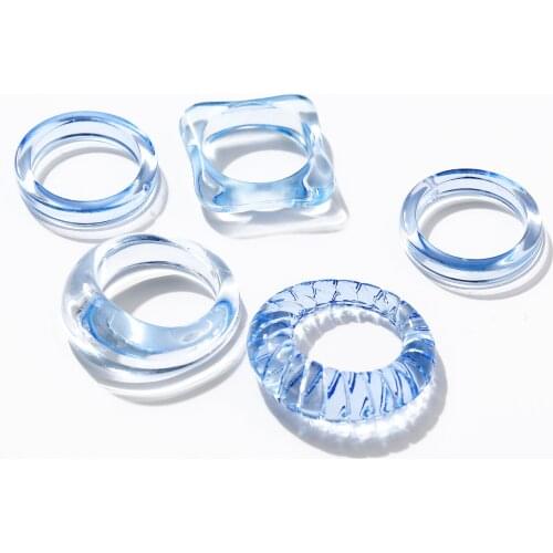 5PC/SET Geometric New Colourful Transparent Resin Acrylic Square Round Rings Set for Women Girls Party Daily Jewelry Travel Gift