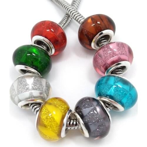 Free Shipping 50pcs silver plated core beautiful faux glass big hole round resin mix color beads charm fit European bracelet DIY