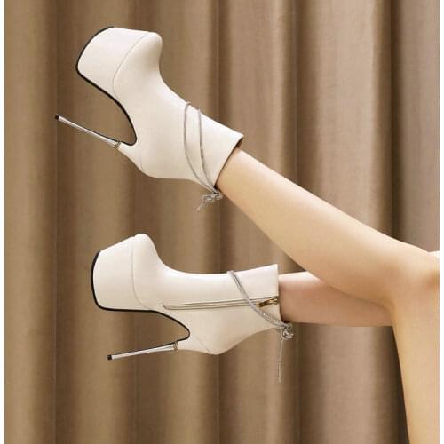 Fashion lady Platform Short Boots Spring Autumn Zipper Sexy Stiletto Mid Calf Boots Winter Metal Chain Temperament Womens Shoes