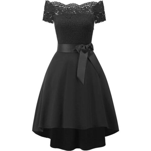 Grace Black Homecoming Dresses Boat Neck Short Sleeve Prom Gowns Lace A-line High/Low Party Dresses Cocktail Dresses