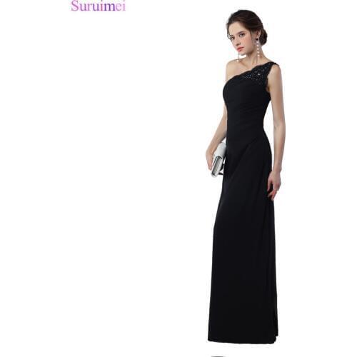Elegant Long Black Prom Dresses Applique One Shoulder Staps Floor Length Chiffon Girls Prom Dresses On Sale