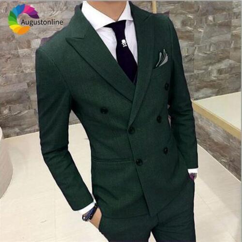 2019 Elegant Groom Tuxedo Costme Homme Terno Masculino Blazer Peaked Lapel Double Breasted Green Men Wedding Suits Jacket Pants