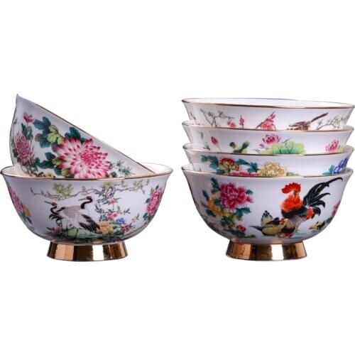 Jingdezhen Ceramic Antique Bowl Tableware Household Bowl Noodles Bowl Gold Painted Large Rice Bowl Soup Bowl High Foot Bowl
