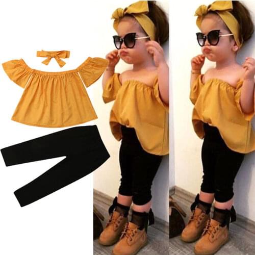 Emmababy High Quality Toddler Baby Girls Off Shoulder Children Clothing Set Leisure 3Pcs Top Pants Headband Outfits Clothes