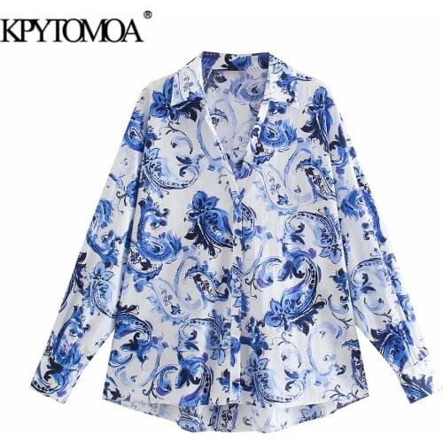 KPYTOMOA Women 2021 Fashion Oversized Totem Print Blouses Vintage Long Sleeve Button-up Female Shirts Blusas Chic Tops