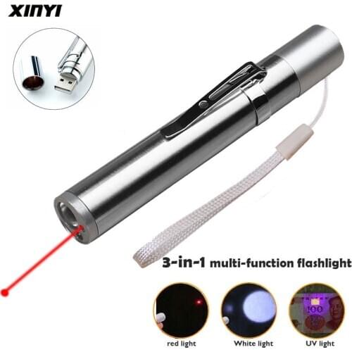 Mini 3in1 USB Rechargeable LED Flashlight LED Torch Waterproof Design Penlight uv light banknote /Laser pointer light