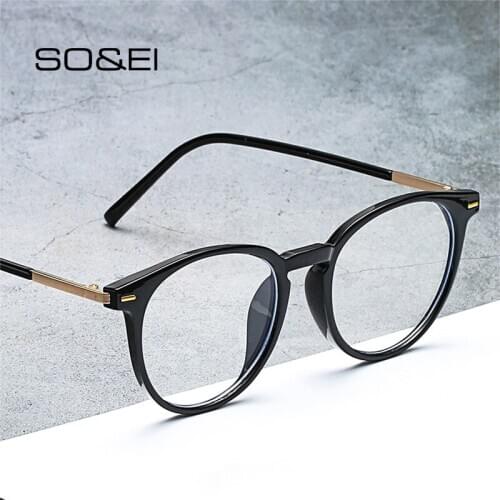 SO&EI Fashion TR90 Round Frame Women Glasses Frame Clear Anti-Blu-Ray Lens Eyewear Vintage Rivets Men Optical Eyeglasses Frame