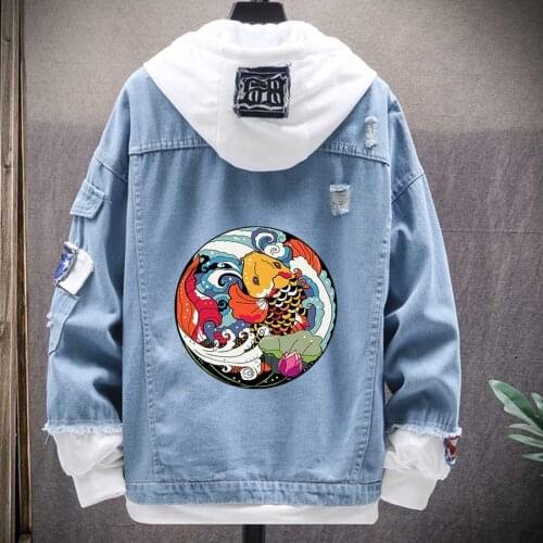 Colorful Pattern Depiction Japanese Streetwear Koi New Motorcycle Denim Jacket For Men Style Autumn Jean Jacket Hip Hop Harajuku