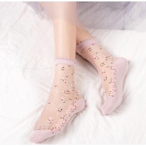 1 Pair Breathable Ultra Thin Socks Summer Women Transparent Lace Silk Crystal Rose Flower Girls Elastic Short Female Socks Cute