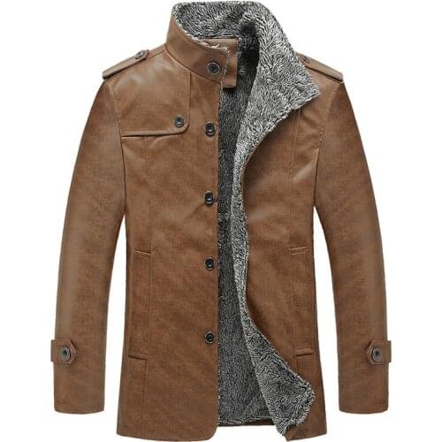 Autumn Winter Men mid-length pu leather jacket wool liner solid stand collar outerwear Plus Size 4XL windproof warm Coats