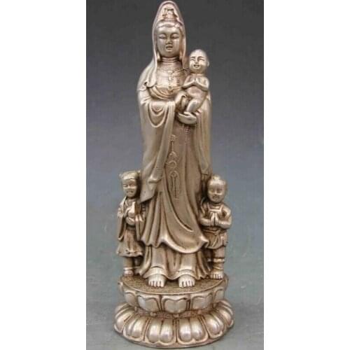 Song voge gem S0789 11 Chinese White Copper Silver Send sub Guanyin Kwan-yin Boddhisattva Statue