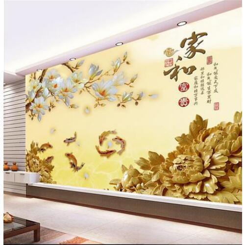 Custom 3d wallpaper Non-woven Solid wood peony magnolia sitting room TV setting wall paper