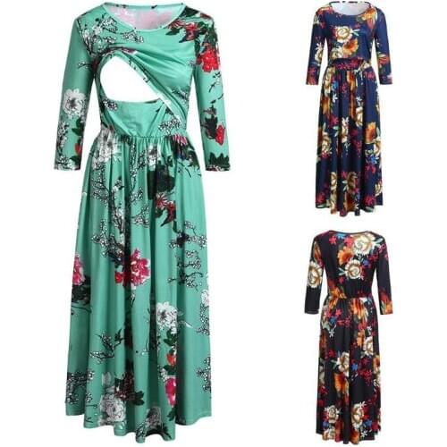 Casual Women Breastfeeding Dresses Ladies Patchwork Long Sleeve Print Cross Maternity Clothes Women Breathable Pullover