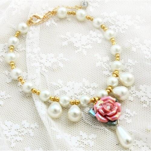 Free Shipping Adjustable Handmade Dog Accessories Luxury Pearl Necklace Pink Rose Pendant Pet Jewelry Sparkly Cat Poodle Maltese