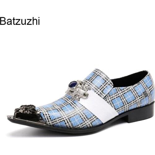 Batzuzhi Handmade Oxford Shoes for Men Slip on Genuine Leather Dress Shoes Men Pointed Metal Toe Party and Wedding Shoes for Men