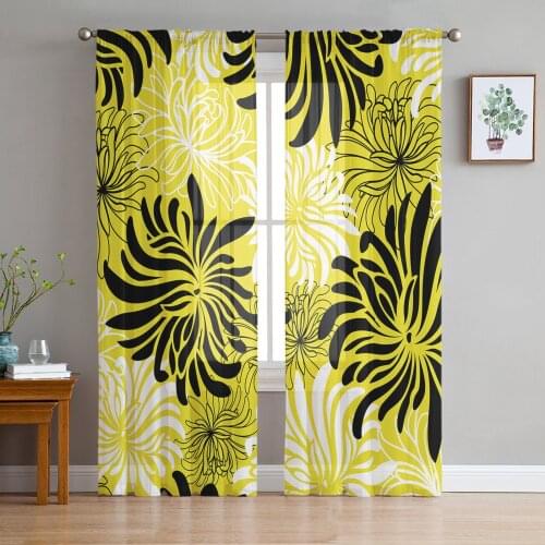Yellow Chrysanthemum Black And White Retro Tulle Curtain Voile Transparent for Bedroom Living Room Kitchen Sheer Window Curtains