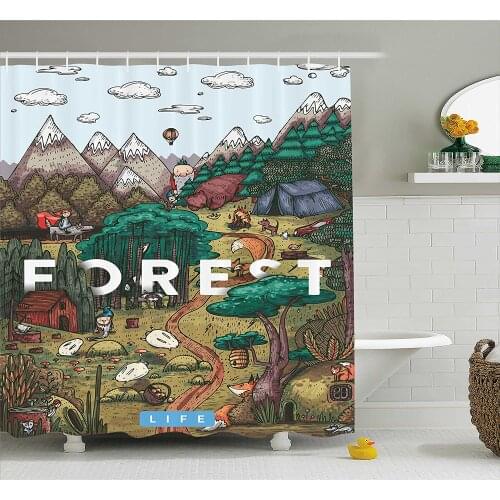 Nature Shower Curtain Mountain Range Valley with Forest Typography and Trees Mother Earth Cartoon Graphic Bathroom Curtains