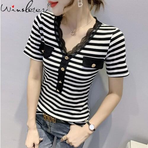 Summer European Clothes Cotton T-Shirt Fashion Sexy V-Neck Stripe Patchwork Lace Button Women Tops Short Sleeve Tees New T16617A
