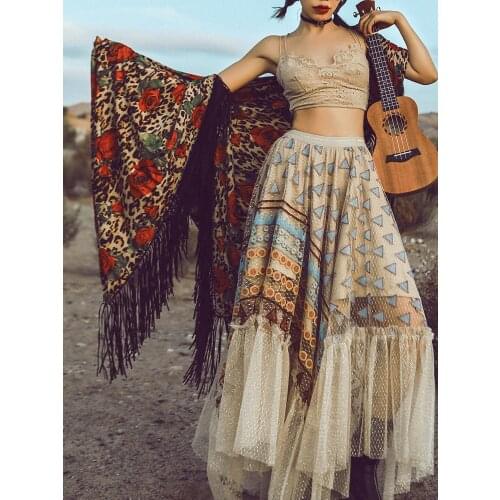 Women Skirts Spring Summer Beach Casual Long Skirt 2021 Women Bohemian Style Vintage High Waist Long Embroidered Tulle Skirt