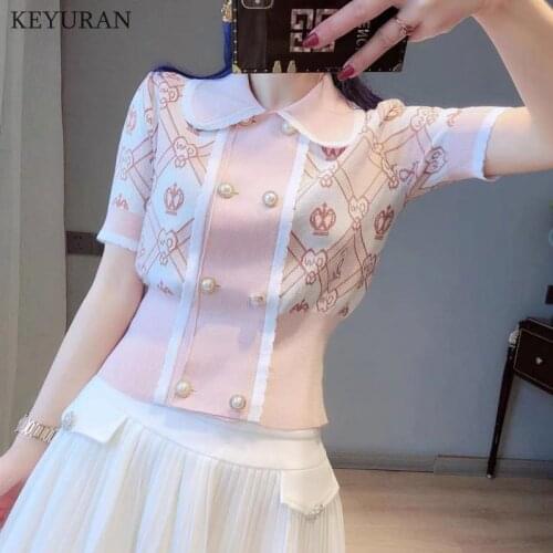 Women Cropped Cardigan 2021 Summer Knit Top Shirt Lapel Double Breasted Short Sleeve Cardigan Geometric Jacquard Knit Jacket
